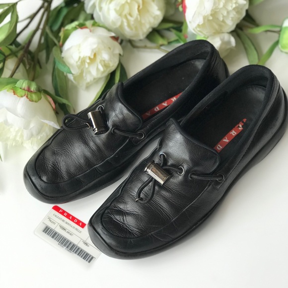 VTG PRADA Calzature Black Leather Shoes - Picture 1 of 10